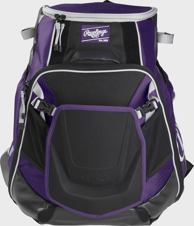Front of a purple VELOBK Velo backpack with purple trim and a purple Rawlings patch