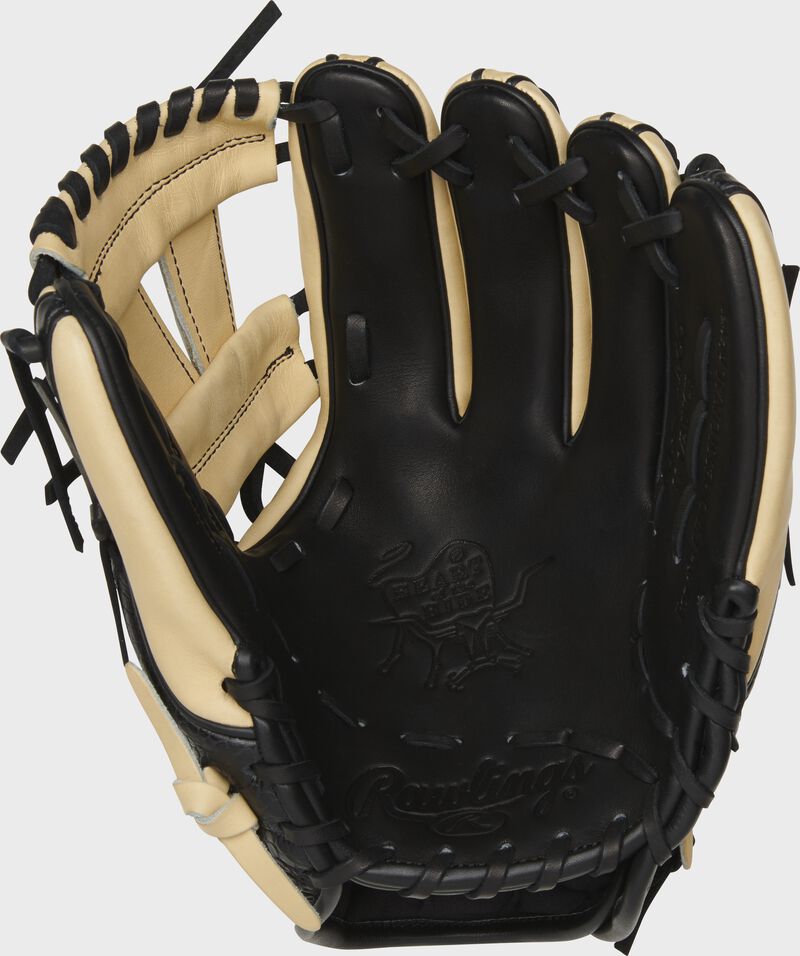 Black palm of a Rawlings Heart of the Hide exclusive infield glove with a camel web and black laces - SKU: PRO314-7BCC