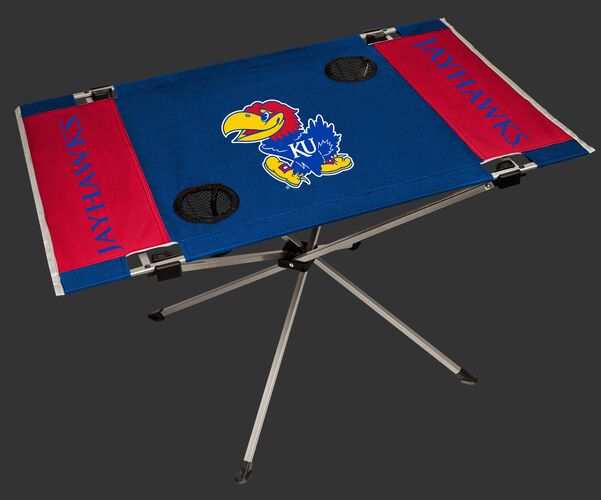 NCAA Kansas Jayhawks Endzone table in team colors with a team logo in the middle and two cup holders SKU #04053034111