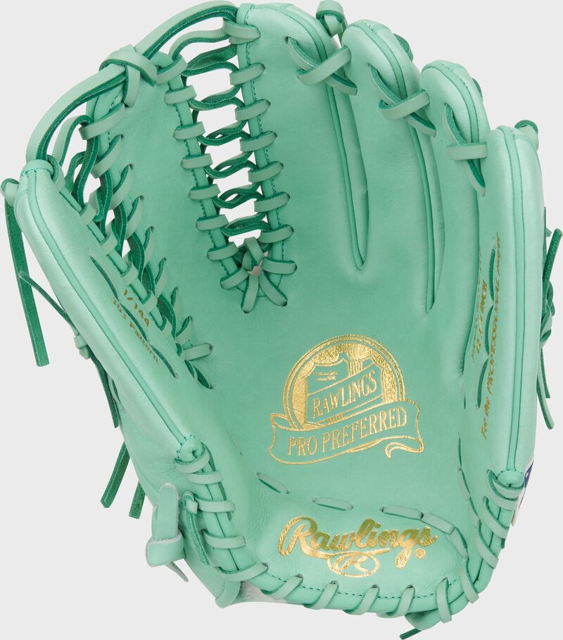 Ocean mint palm of a Rawlings Harrison Bader Gameday 57 glove with a gold palm stamp and mint laces loading=