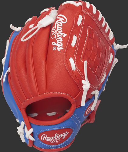 Back view of a PL91SR 9-inch Players Series glove with a scarlet back and royal blue trim
