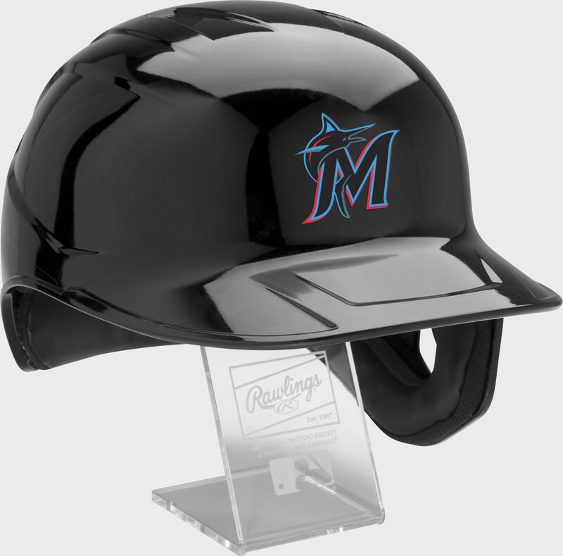 Front right of a MLB Miami Marlins replica helmet - SKU: MLBMR-MIA loading=