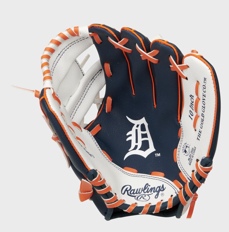 A navy/white Rawlings Detroit Tigers youth glove with the Tigers logo stamped in the palm - SKU: 22000027111
