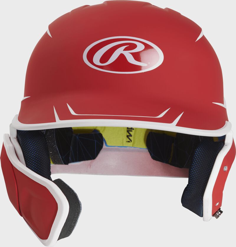 Front of a matte scarlet/white MACHEXTR junior size Mach batting helmet with face guard extension for left hand batters