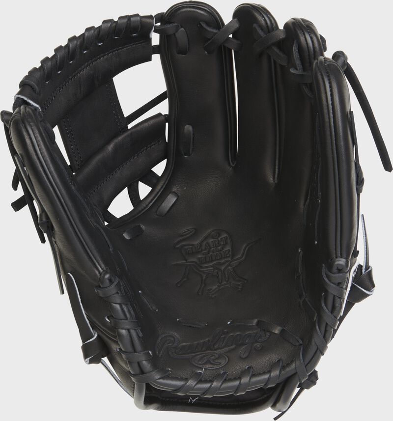 Black palm of a Rawlings Heart of the Hide R2G infield glove with black laces - SKU: RSGPROR204-2B