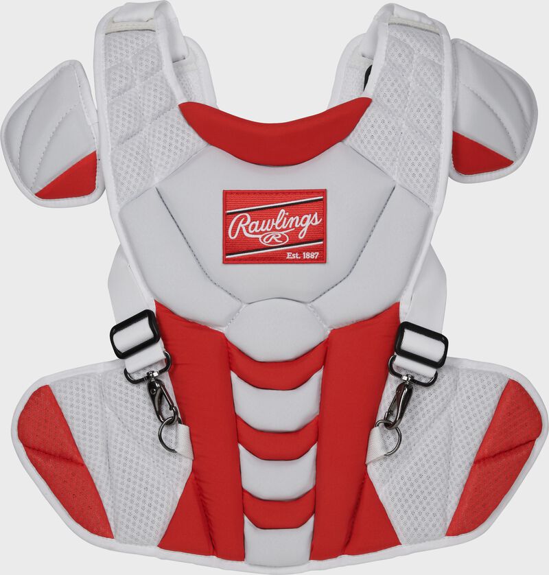 Front of a white/scarlet Velo softball chest protector