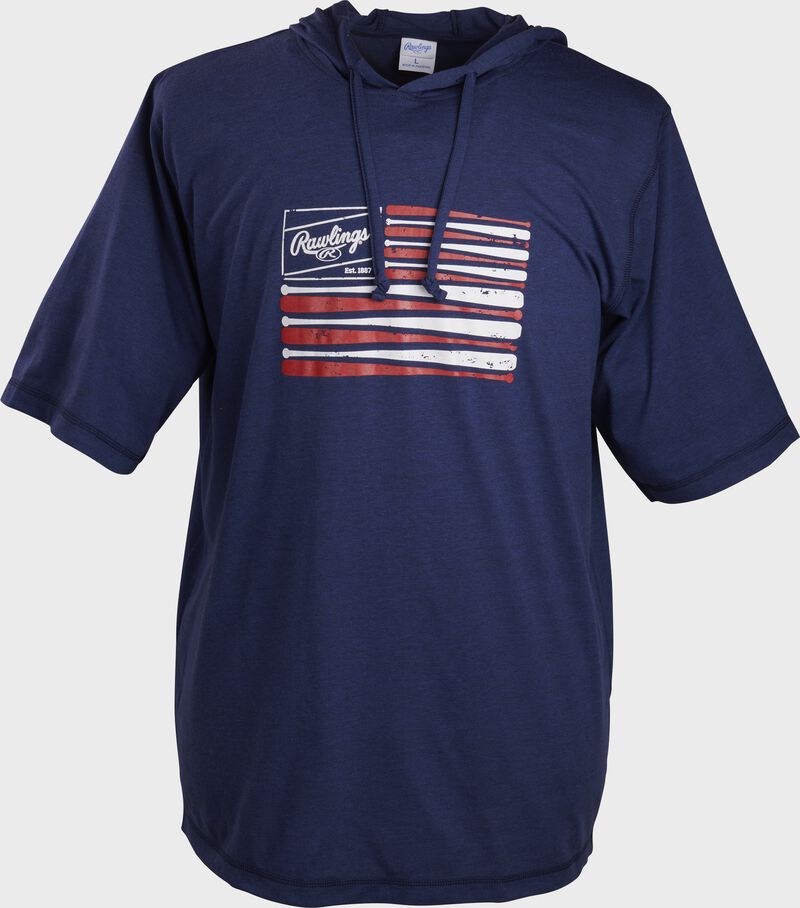 A gray Rawlings short sleeve hoodie with a Rawlings USA flag design logo - SKU: ACASSH-N