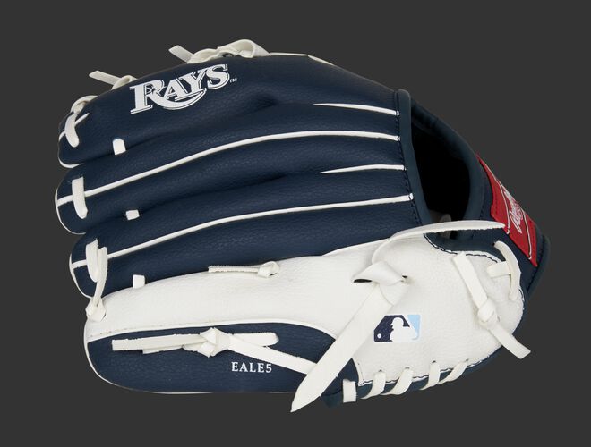 Back of a navy/white Tampa Bay Rays youth glove with the MLB logo on the pinky - SKU: 22000009111