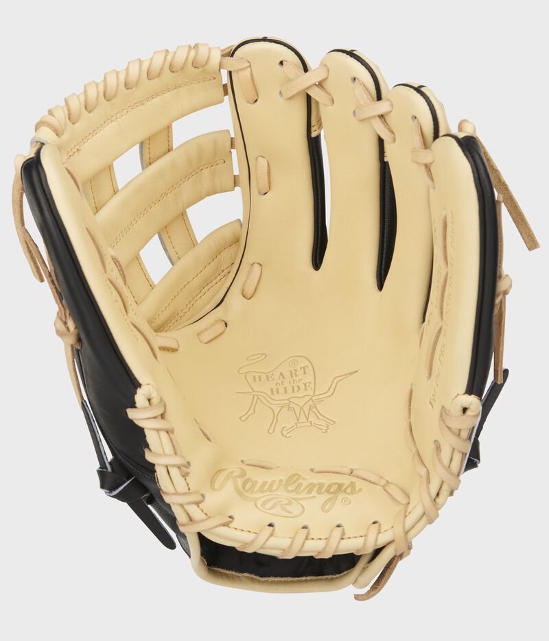 Camel palm of a Rawlings Heart of the Hide infield glove with a camel web and laces - SKU: PRO206-6CBSS