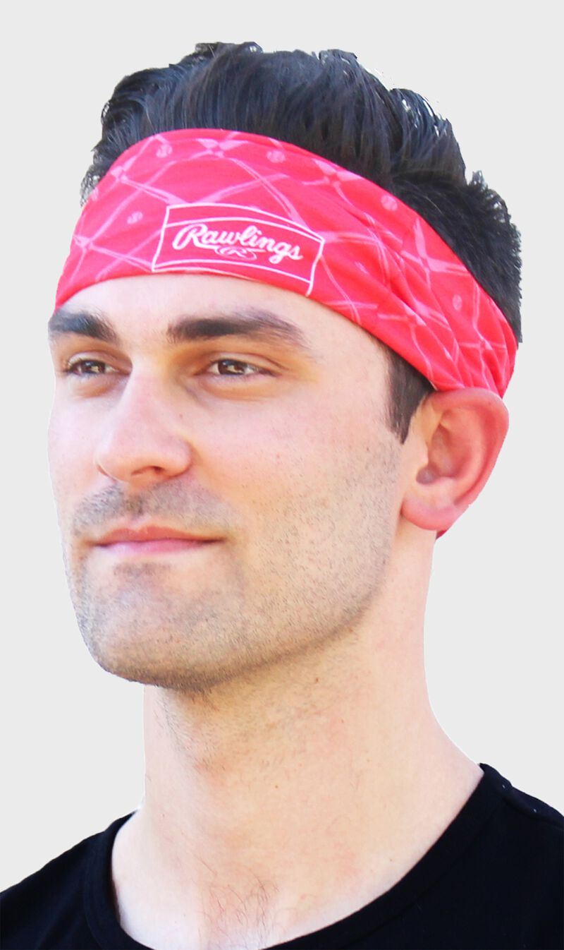 A guy wearing a red Rawlings multi-purpose neck gaiter as a head band - SKU: RC40005-600