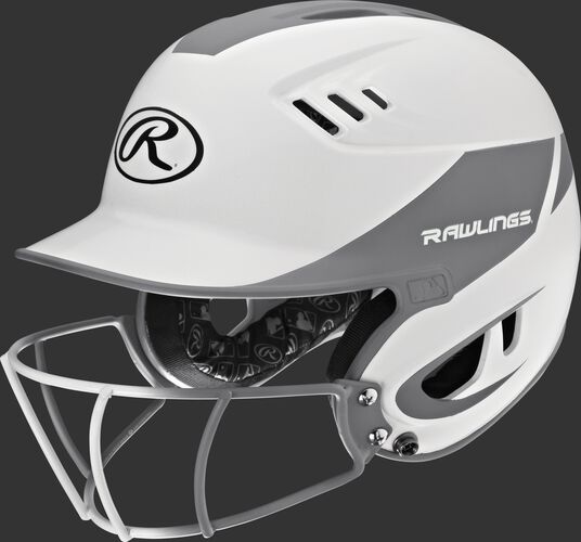 A white/silver R16H2FGS Velo senior batting helmet with a white/silver facemask