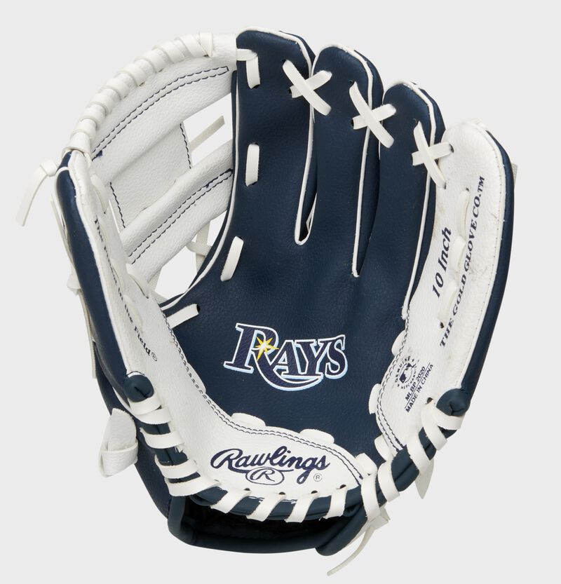A navy/white Rawlings Tampa Bay Rays youth glove with a Rays logo on the palm - SKU: 22000009111
