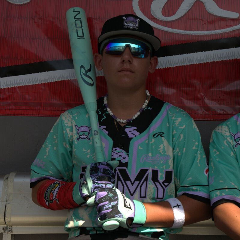 A player on the bench with a 2026 Rawlings Icon USSSA baseball bat loading=