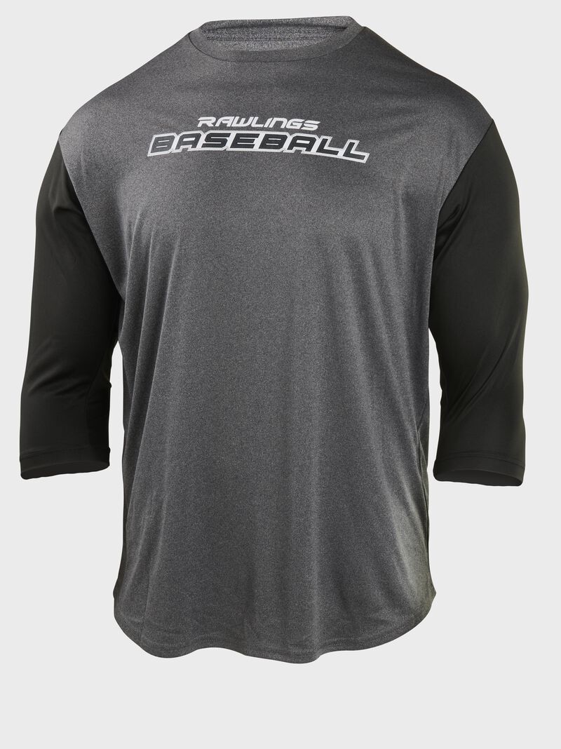 A gray Rawlings Baseball 3/4 sleeve performance shirt with black sleeves - SKU: ACART34-B