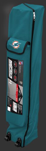 Teal wheeled carry case of a Miami Dolphins canopy with the team logo on the outside compartment - SKU: 02231074111