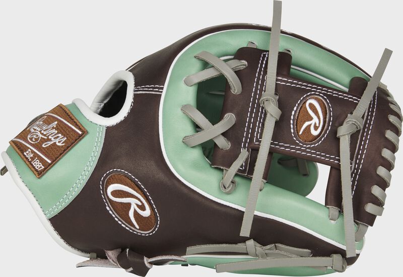 PROS314-2OMC Pro Preferred 11.5-inch infield glove with a mint/mocha thumb and mocha I web