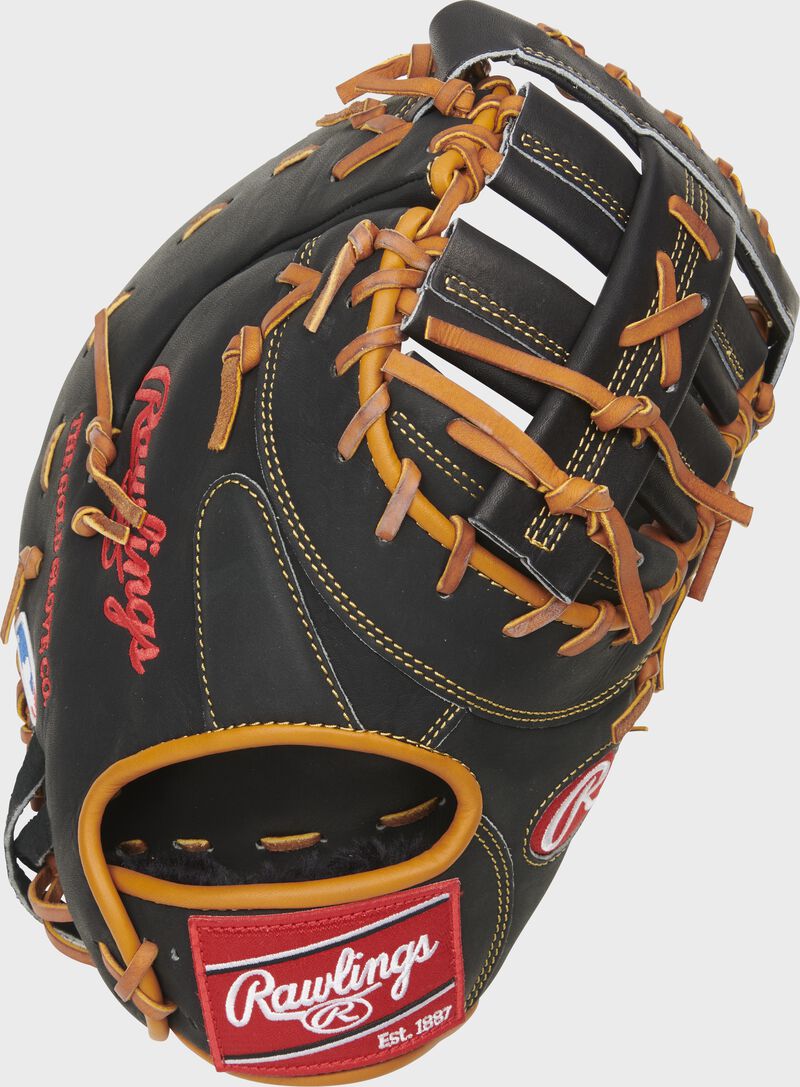 Back of a black Rawlings 12.5-Inch Heart of the Hide first base mitt with a red Rawlings patch - SKU: PRODCTCD44PRO
