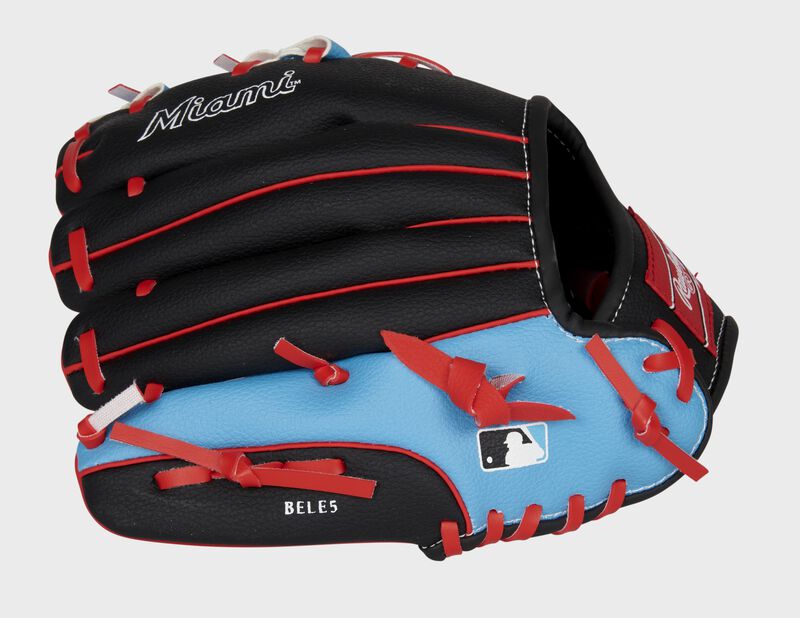 Back of a black/light blue Miami Marlins 10-inch youth glove with the MLB logo on the pinky - SKU: 22000016111 loading=