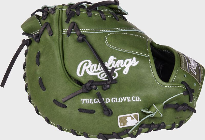 Back of a military green Heart of the Hide 13" 1st base mitt with the MLB logo on the pinky - SKU: PRODCTMG