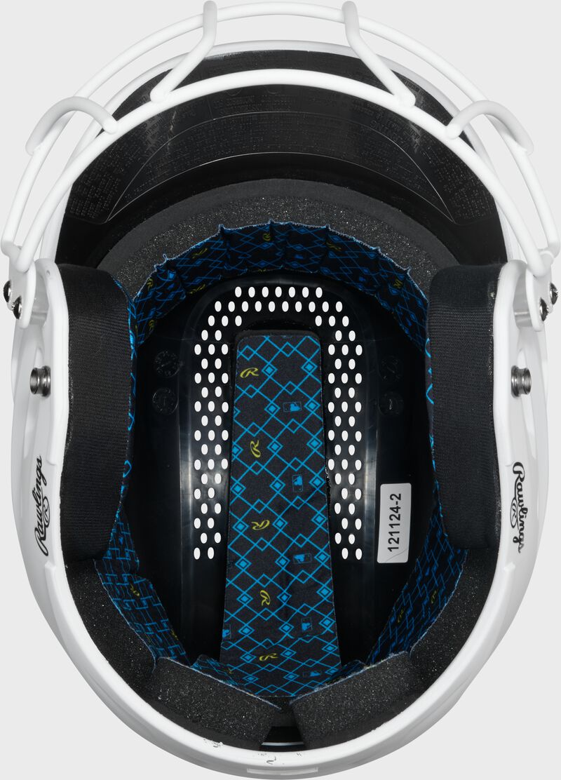 Inside padding of a white Rawlings RX2 fastpitch batting helmet loading=