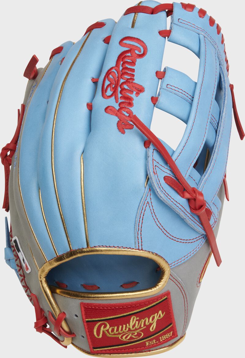 Back of a Columbia blue/gray Heart of the Hide R2G H-web outfield glove with a red Rawlings patch - SKU: PROR3039-6CBG