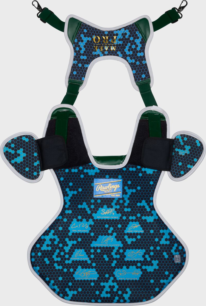 Back of a dark green Rawlings Mach Pro Series chest protector with the harness up loading=