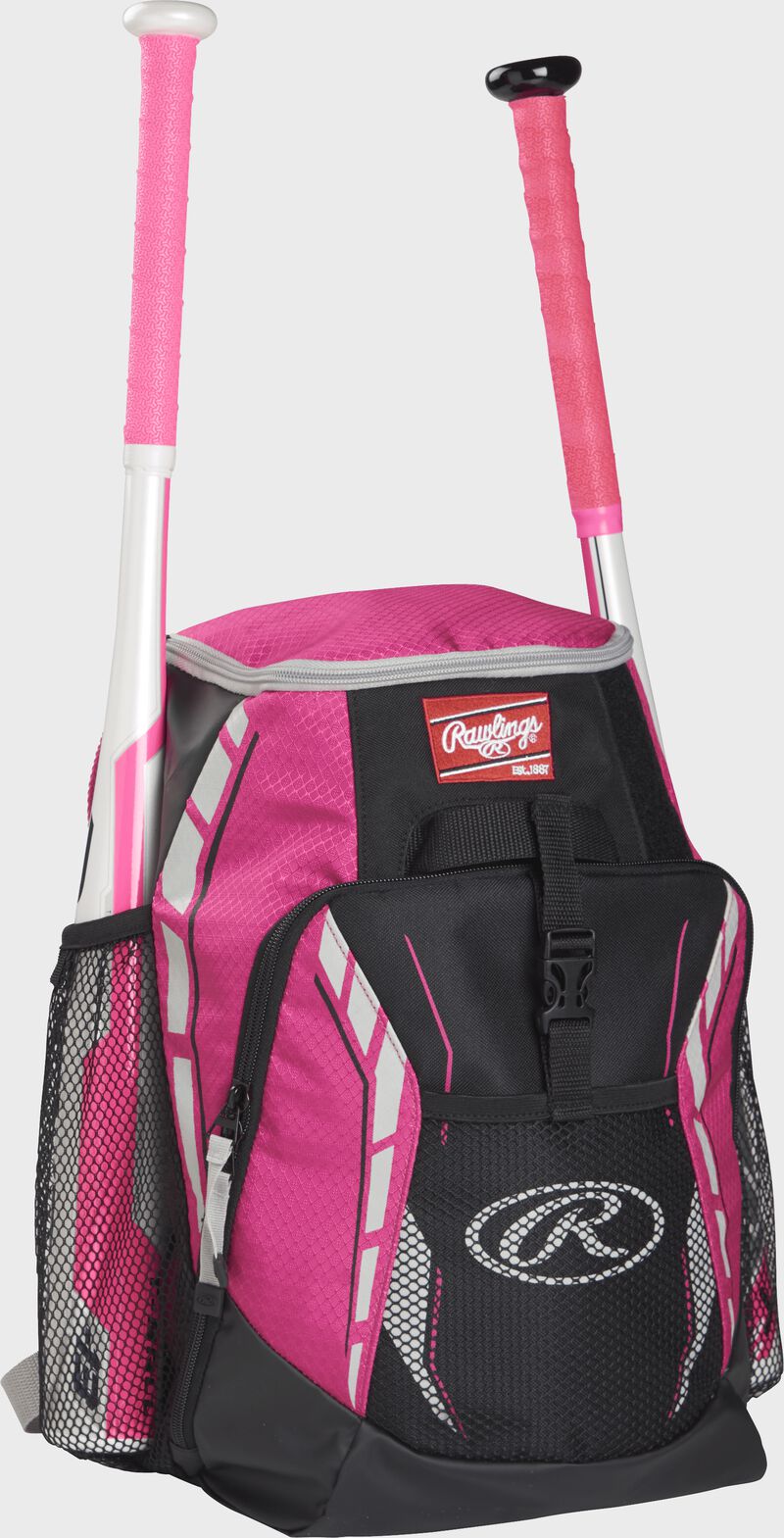 Front left view of a Pink Rawlings Youth Players Team Backpack with two bats | SKU:R400-NPK