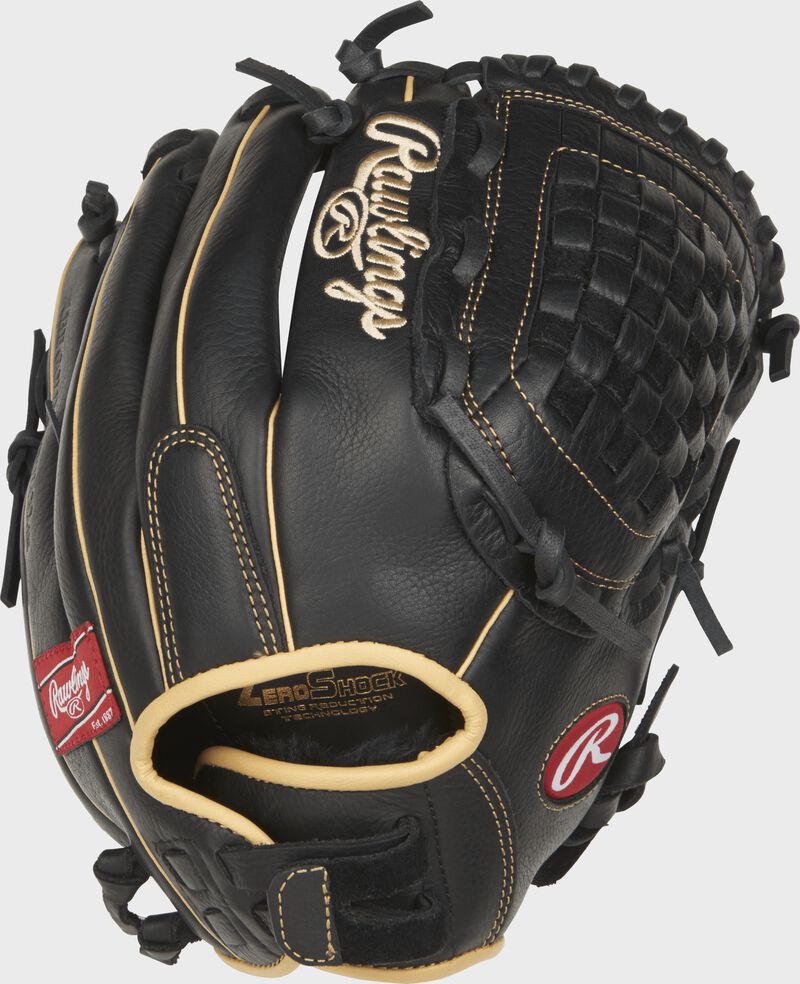 Back view of a black RSO125BCCF 12.5-inch Shut Out finger shift outfield/pitcher glove with a Pull-strap back design 