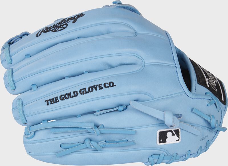 Black Columbia blue back of a Heart of the Hide R2G 12.75" outfield glove with a MLB logo on the pinky - SKU: PROR3319-6CB