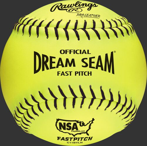 C11BYLN Dream Seam NSA Official 11" Softballs with a yellow Pro Leather cover and black stitching