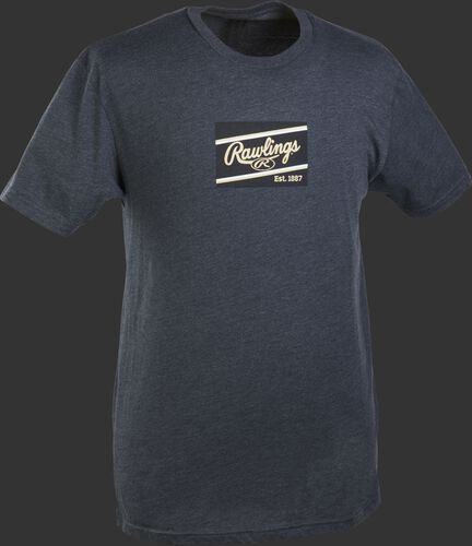 A charcoal Rawlings ColorSync patch short sleeve shirt with a navy/gold patch on the chest