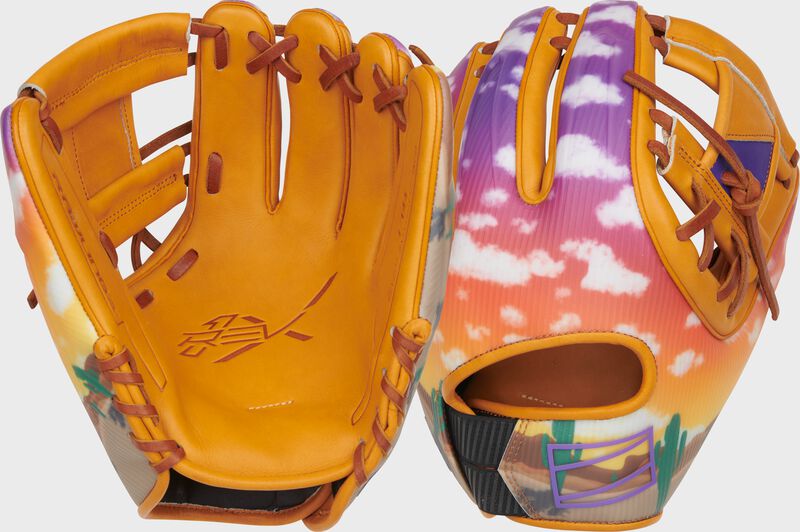 2 images showing the palm & back of a Rawlings limited edition 2024 Cactus League REV1X infield glove - SKU: REV205-2XTPU