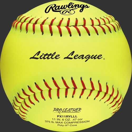 A yellow PX11RYLLL Little League official 11-inch softball with red stitching