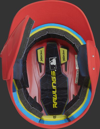 Inside of a MACHEXTL Rawlings MACH baseball helmet with IMPAX durable foam padding