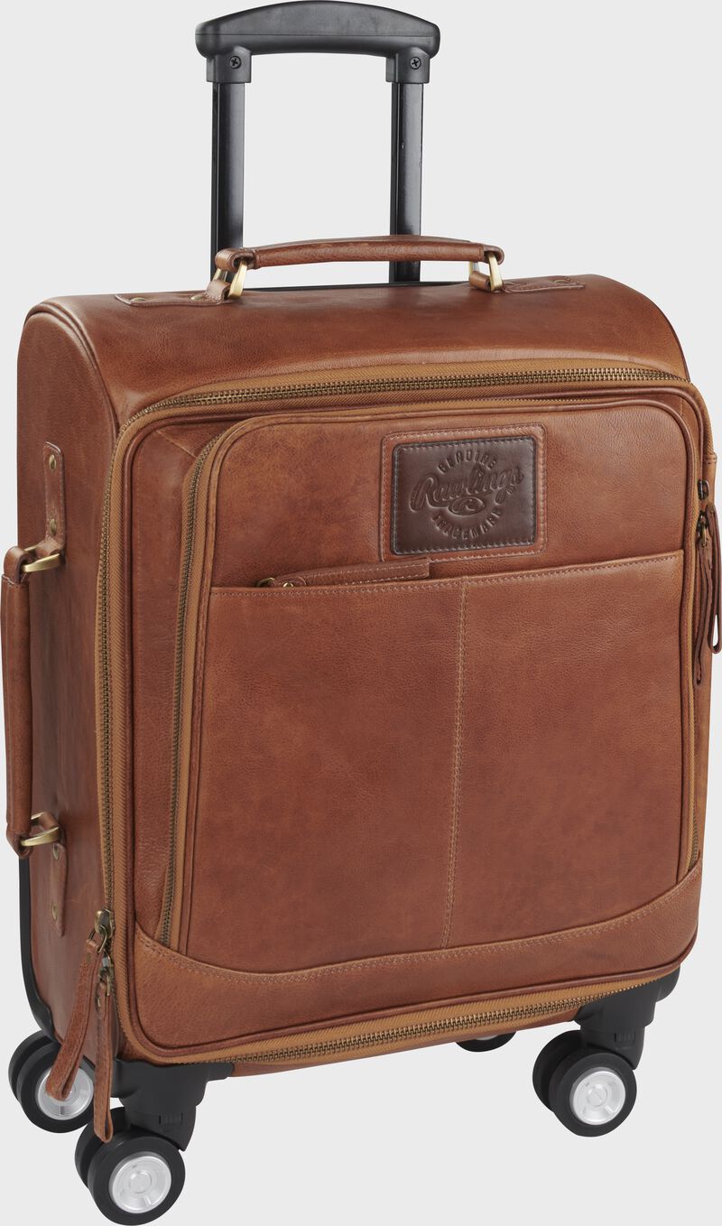 Front of a leather four spin trolley luggage bag with the telescoping handle up - SKU: RB60015 loading=