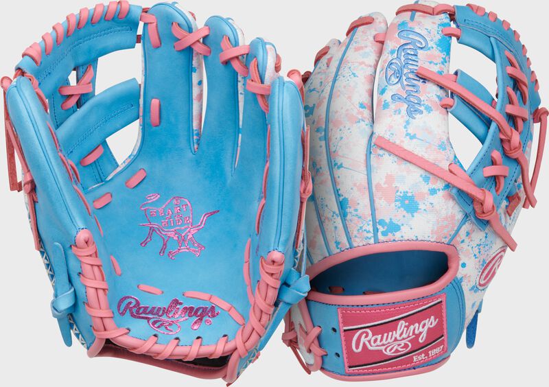 Two images showing the palm & pinky of an exclusive Heart of the Hide Splatter UV print infield glove