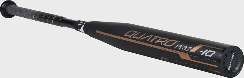 3/4 view of a FPQP10 fastpitch Quatro Pro bat with a black barrel and black end cap