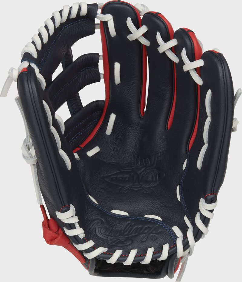 Navy Palm of a Ronald Acuna Jr. Select Pro Lite glove with white laces - SKU: SPL115RA