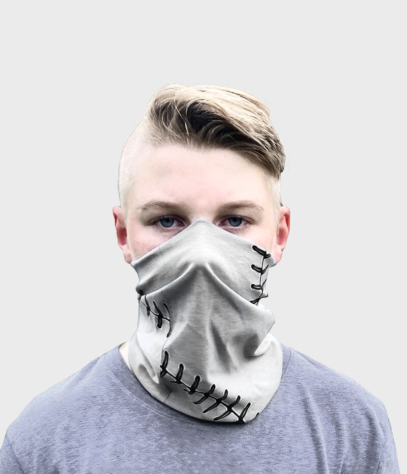 A kid wearing a gray baseball stitch neck gaiter with it covering his mouth and nose - SKU: YRC40001-020