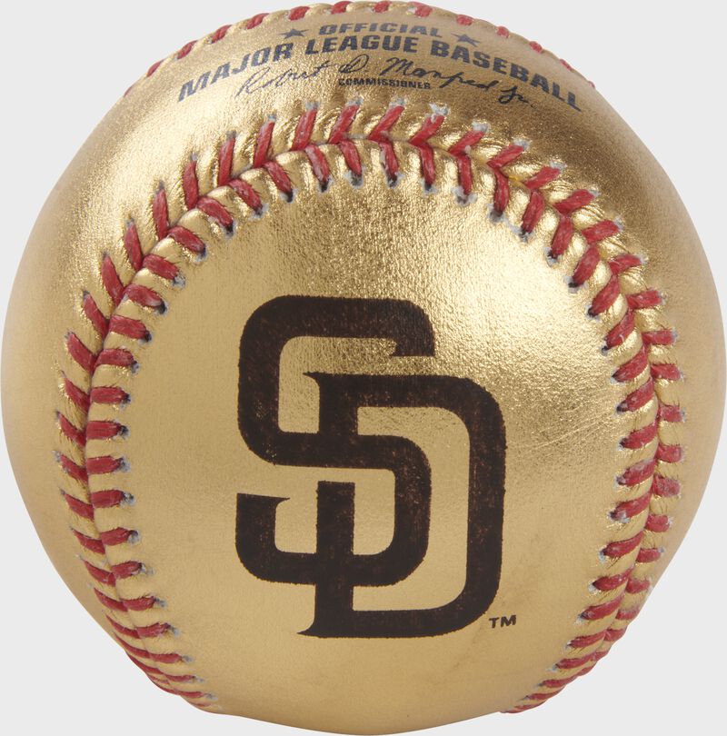Padres logo on a gold MLB baseball with red stitches - SKU: RSGEA-GOLDSD-R