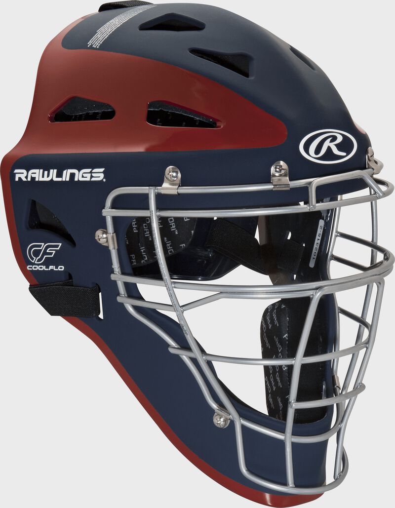 Front right of a navy/scarlet CHVEL Rawlings Velo adult catcher's helmet loading=