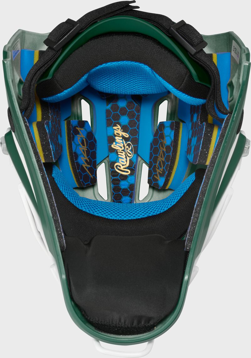 Inside padding of a dark green Rawlings Mach Pro Series catcher's helmet loading=