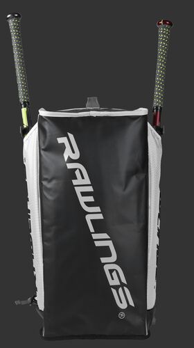Bottom of a white R601 Hybrid backpack with a white Rawlings logo printed across the bottom