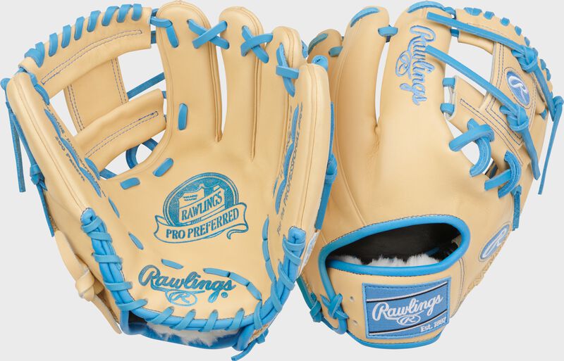 Two images showing the palm & back of a camel Rawlings Pro Preferred 11.5-Inch Infield Glove