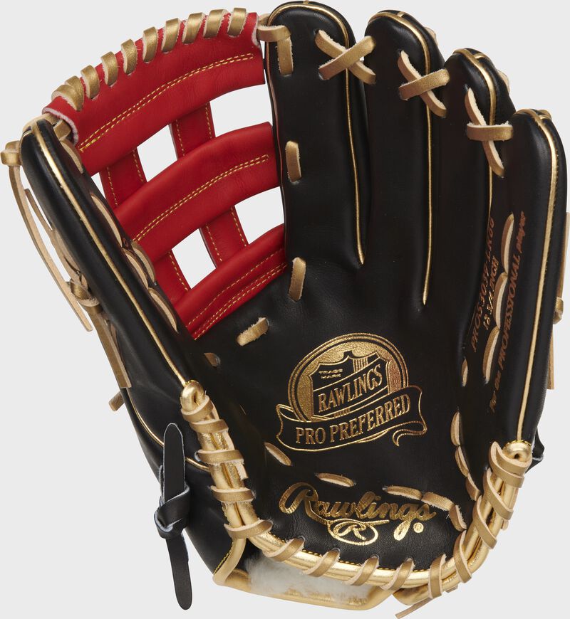 Black palm of a Rawlings Luis Robert Pro Preffered glove with gold stamping and gold laces - SKU: PROS3039-LR88