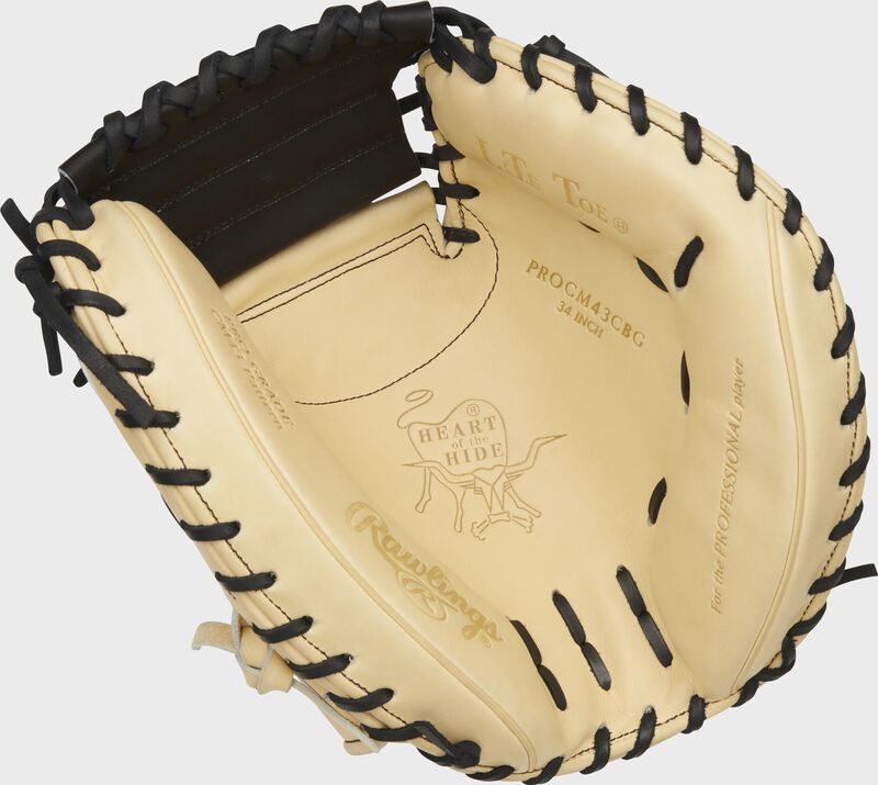 Camel palm of a Rawlings HOH ColorSync 5.0 catcher's mitt with a black web and black laces - SKU: PROCM43CBG