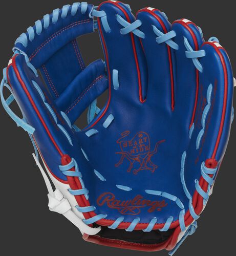 PRO314-2PR Rawlings Heart of the Hide Puerto Rico glove with a royal palm, royal web and columbia blue laces