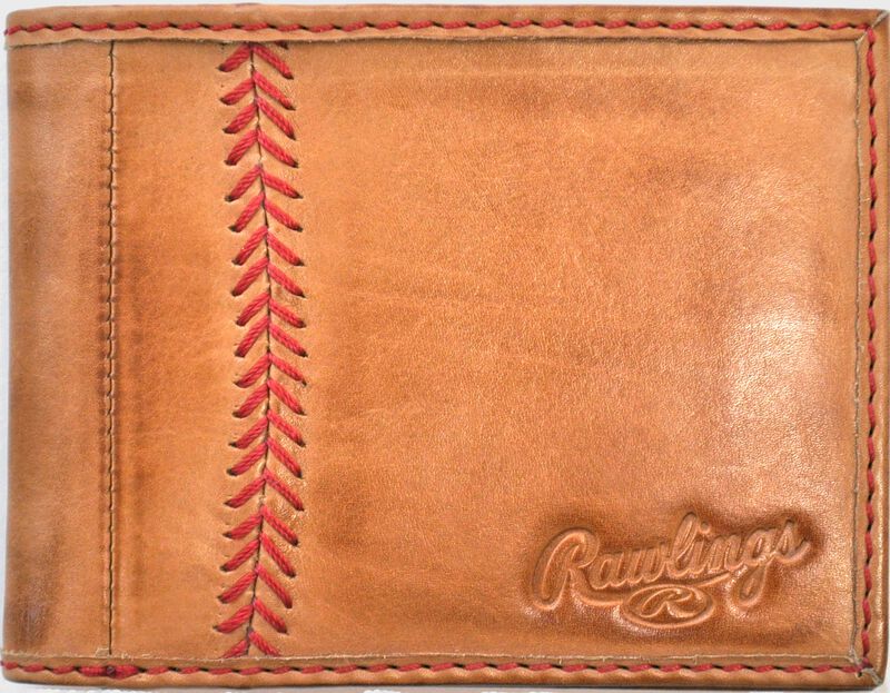 Outside shot of Tan Rawlings Baseball Stitch Bi-Fold Wallet | SKU:MW485-204