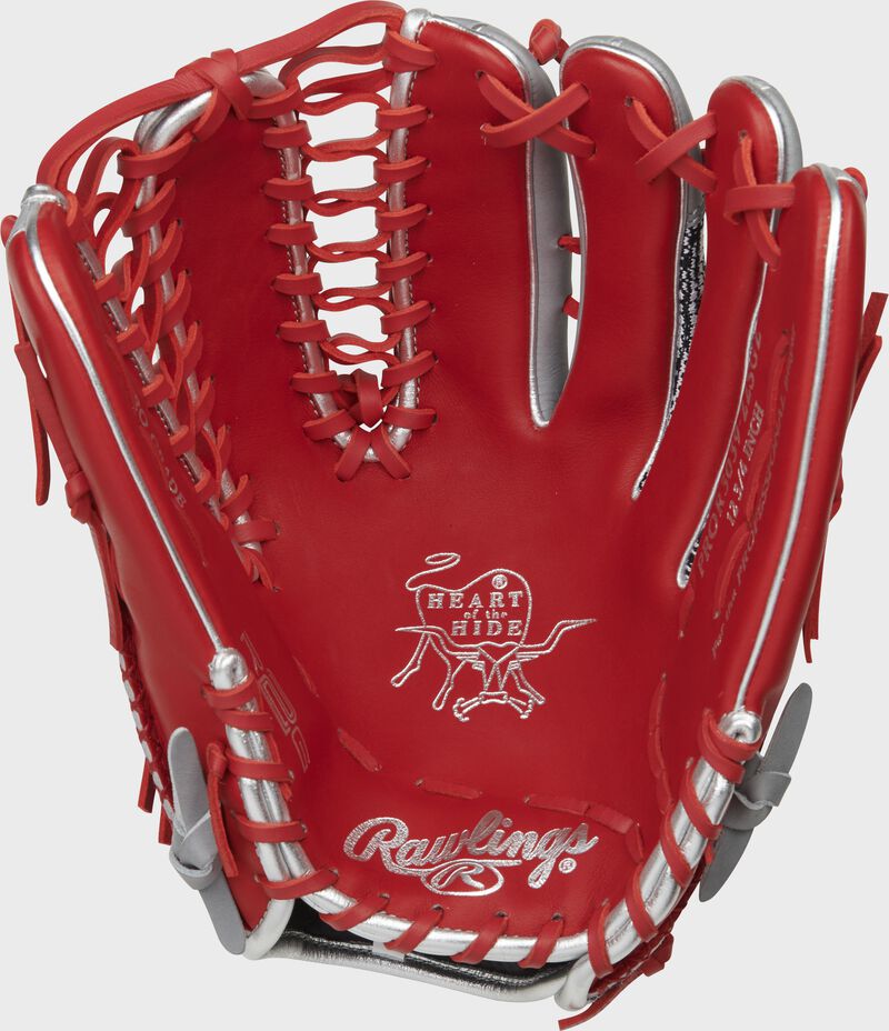 Scarlet palm of a Rawlings HOH R2G outfield glove with scarlet laces and silver palm stamp - SKU: PROR3039-22SGZ