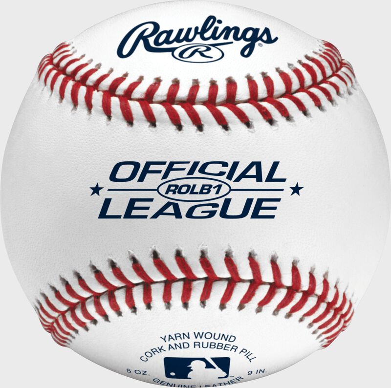 An Official League competition grade baseball with red seams and blue stamping - SKU: ROLB1